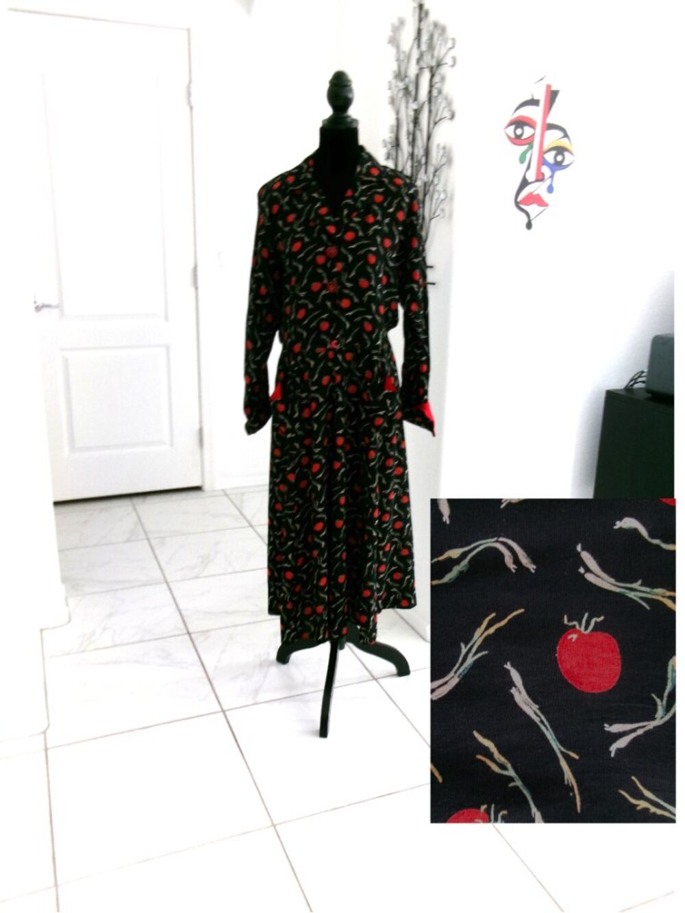Vintage Tomato Green Onion Print Janice McCarty Midi Dress L Pockets Long Sleeve